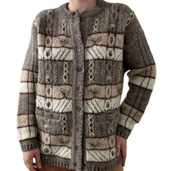 Vintage Oster Austrian Wool Mohair Brown Floral Embroidered Cardigan Sweater - Picture 1 of 9